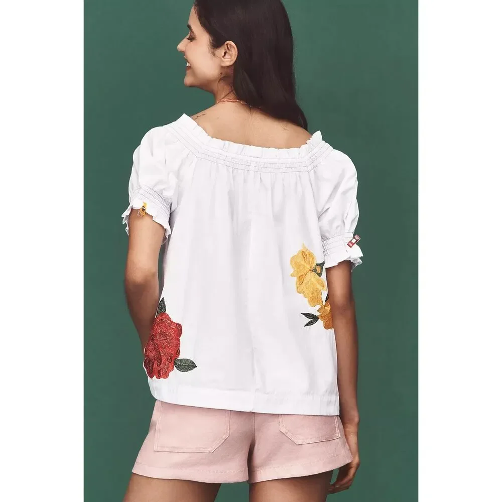 Anthropologie Puff-Sleeve Tie-Front Embroidered Blouse